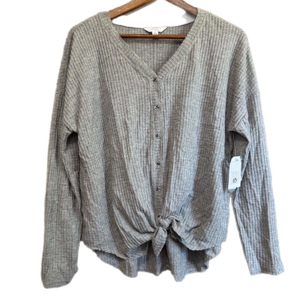 Time and Tru Waffle Button Front Top Womens Small S 4-6 Grey NWT Tie Front